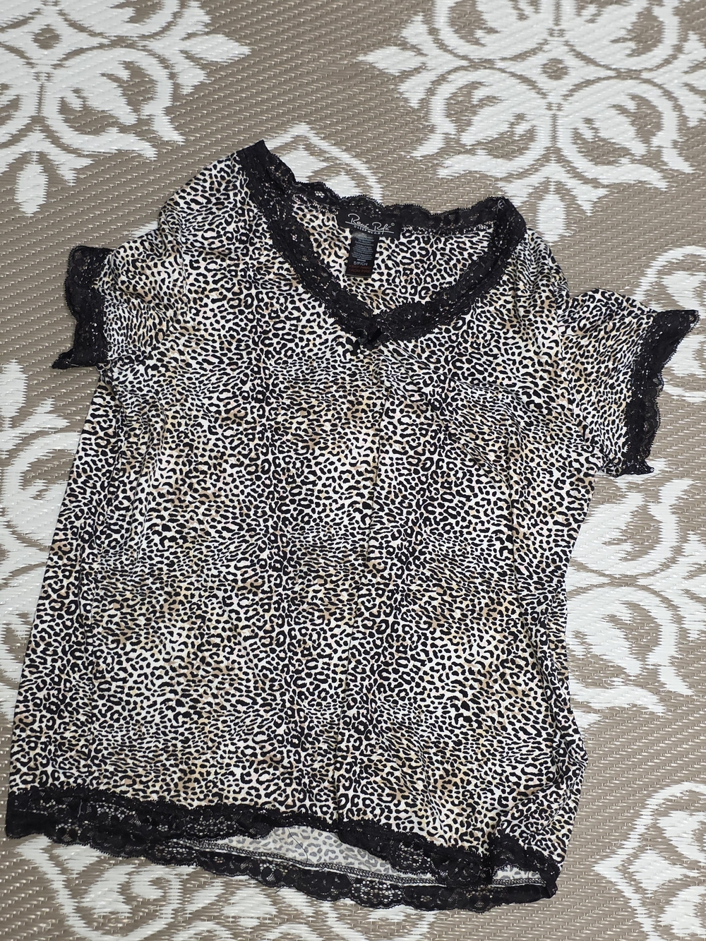 Rene Rofe Black and Tan Leopard Lace-Trim Short Sleeve Top